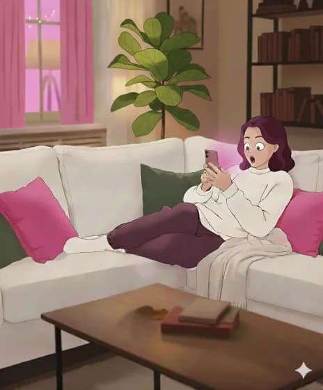 Woman relaxed at home, smiling at her phone - Chat at two in the morning. No judgment. No pressure.